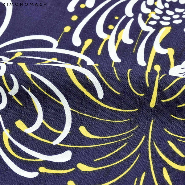 KIMONOMACHI オリジナル 浴衣 3点セット (浴衣+帯+下駄)レディース 吸水速乾 ポリエステル浴衣「濃藍地 花火菊、黄」 Fサイズ LLサイズ