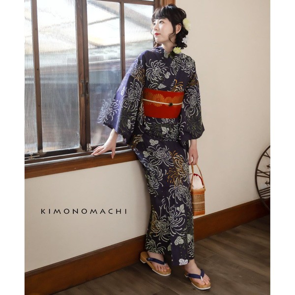 KIMONOMACHI オリジナル 浴衣 3点セット (浴衣+帯+下駄)レディース 吸水速乾 ポリエステル浴衣「藤褐色 花火菊、橙」 Fサイズ LLサイズ