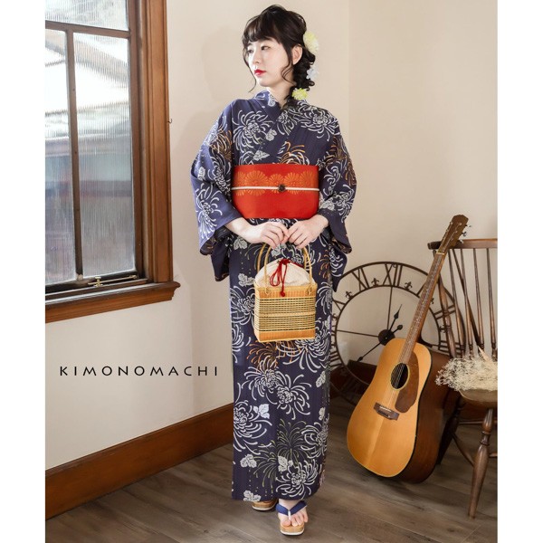 KIMONOMACHI オリジナル 浴衣 3点セット (浴衣+帯+下駄)レディース 吸水速乾 ポリエステル浴衣「藤褐色 花火菊、橙」 Fサイズ LLサイズ