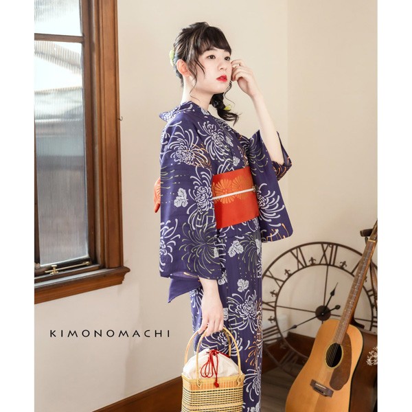 KIMONOMACHI オリジナル 浴衣 3点セット (浴衣+帯+下駄)レディース 吸水速乾 ポリエステル浴衣「藤褐色 花火菊、橙」 Fサイズ LLサイズ