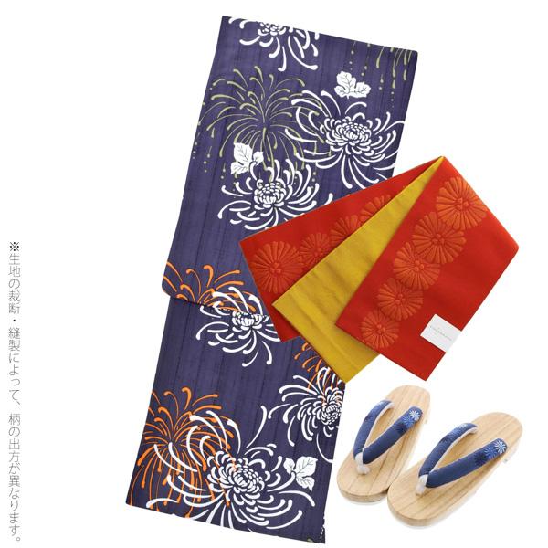KIMONOMACHI オリジナル 浴衣 3点セット (浴衣+帯+下駄)レディース 吸水速乾 ポリエステル浴衣「藤褐色 花火菊、橙」 Fサイズ LLサイズ