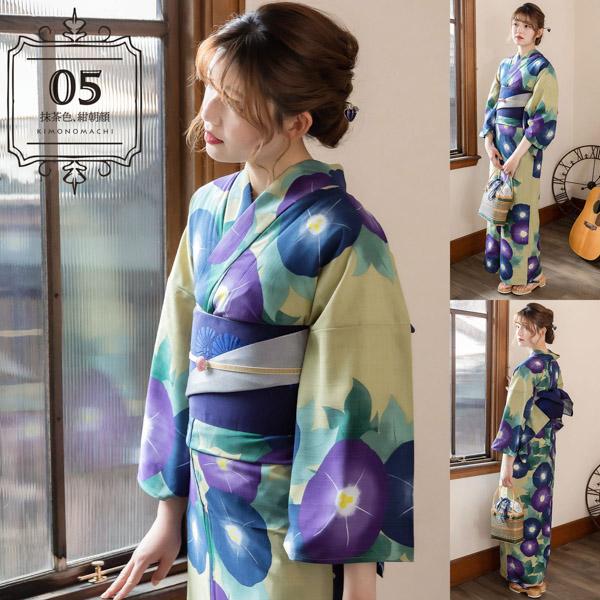 KIMONOMACHI オリジナル 浴衣 レディース 吸水速乾 ポリエステル浴衣 「モダン柄系：七宝金魚・ポピー・朝顔・ダリア 全8柄」 Fサイズ LLサイズ