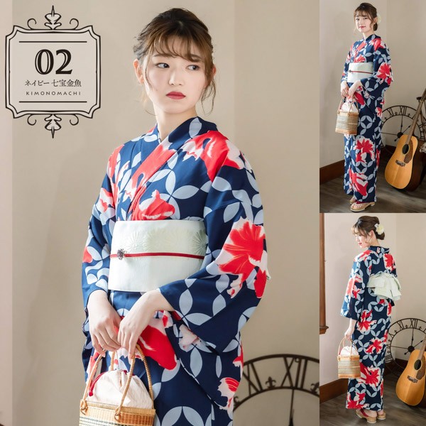 KIMONOMACHI オリジナル 浴衣 レディース 吸水速乾 ポリエステル浴衣 「モダン柄系：七宝金魚・ポピー・朝顔・ダリア 全8柄」 Fサイズ LLサイズ