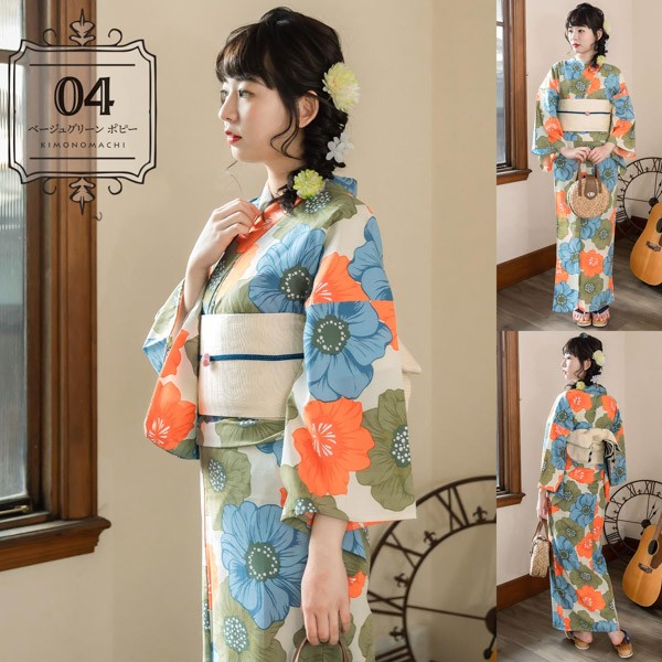 KIMONOMACHI オリジナル 浴衣 レディース 吸水速乾 ポリエステル浴衣 「モダン柄系：七宝金魚・ポピー・朝顔・ダリア 全8柄」 Fサイズ LLサイズ