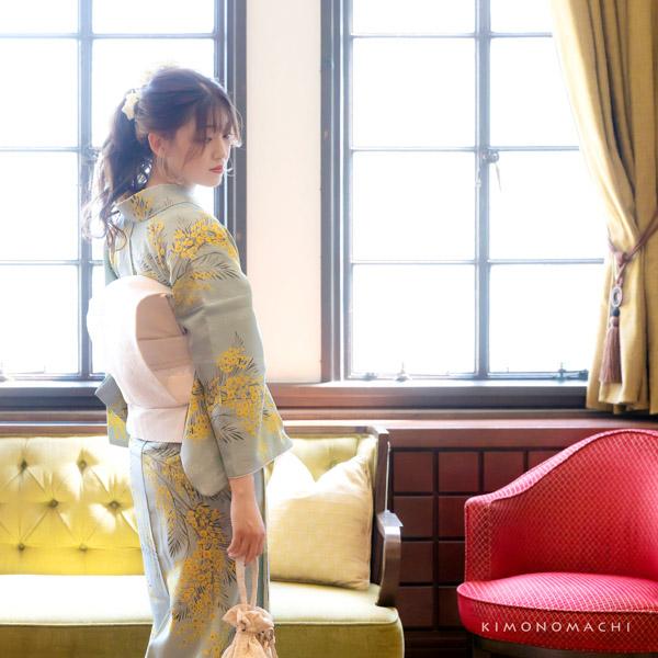 洗える着物 袷着物単品 「ミモザに立涌　錆青磁色」 KIMONOMACHI オリジナル きもの福袋から飛び出た着物単品 サイズS/M/L/LL 小紋 カジュアル着物 袷着物 レディース キモノ kimono 【メール便不可】