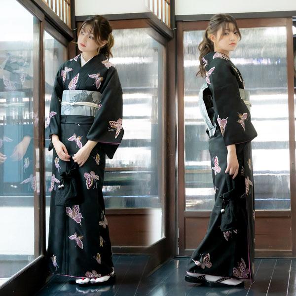 洗える着物 袷着物単品 「飛び蝶　黒市松」 KIMONOMACHI オリジナル きもの福袋から飛び出た着物単品 サイズS/M/L/LL 小紋 カジュアル着物 袷着物 レディース キモノ kimono 【メール便不可】