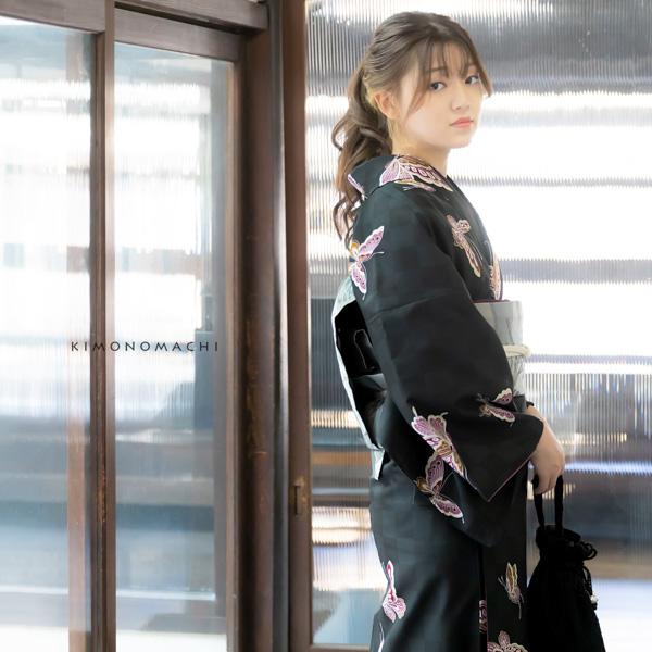 洗える着物 袷着物単品 「飛び蝶　黒市松」 KIMONOMACHI オリジナル きもの福袋から飛び出た着物単品 サイズS/M/L/LL 小紋 カジュアル着物 袷着物 レディース キモノ kimono 【メール便不可】