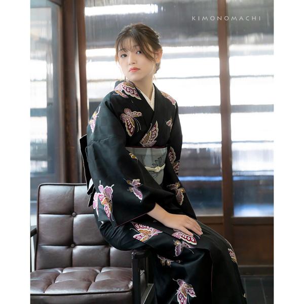 洗える着物 袷着物単品 「飛び蝶　黒市松」 KIMONOMACHI オリジナル きもの福袋から飛び出た着物単品 サイズS/M/L/LL 小紋 カジュアル着物 袷着物 レディース キモノ kimono 【メール便不可】