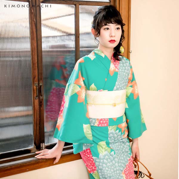 レディース 浴衣2点セット(浴衣+帯) 「浴衣 グリーン ダリア+半幅帯 白 レトロフラワー」 きもの町オリジナル 【メール便不可】