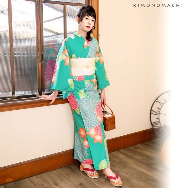レディース 浴衣2点セット(浴衣+帯) 「浴衣 グリーン ダリア+半幅帯 白 レトロフラワー」 きもの町オリジナル 【メール便不可】