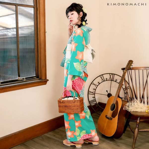 レディース 浴衣2点セット(浴衣+帯) 「浴衣 グリーン ダリア+半幅帯 白 レトロフラワー」 きもの町オリジナル 【メール便不可】