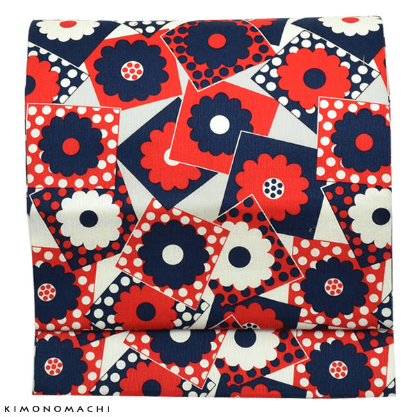 洗える着物 木綿着物と木綿名古屋帯の2点セット 「黒チェック+ネイビー×レッド レトロフラワー」 サイズ S/M/L/TL/LL KIMONOMACHI オリジナル 木綿きものセット コーディネート済み着物セット
