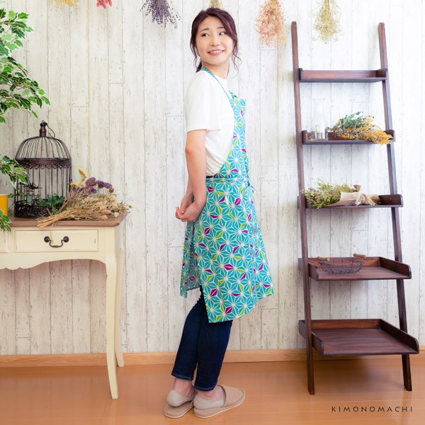 エプロン 「あさぎ色麻の葉」 日本製 オシャレ かわいい KIMONOMACHI オリジナル カフェエプロン 母の日 敬老の日 誕生日 プレゼント、ギフト、贈り物に最適 【送料無料】【メール便対応可】