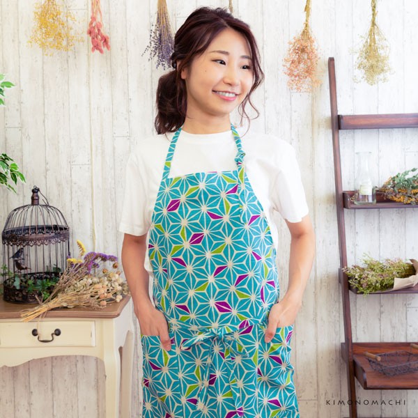 エプロン 「あさぎ色麻の葉」 日本製 オシャレ かわいい KIMONOMACHI オリジナル カフェエプロン 母の日 敬老の日 誕生日 プレゼント、ギフト、贈り物に最適 【送料無料】【メール便対応可】