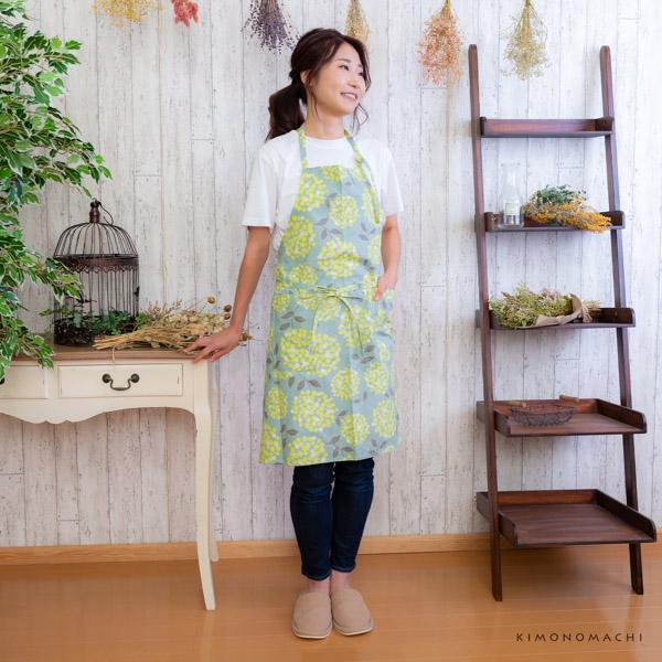 エプロン 「グリーンブルーブーケ」 日本製 オシャレ かわいい KIMONOMACHI オリジナル カフェエプロン 母の日 敬老の日 誕生日 プレゼント、ギフト、贈り物に最適 【送料無料】【メール便対応可】