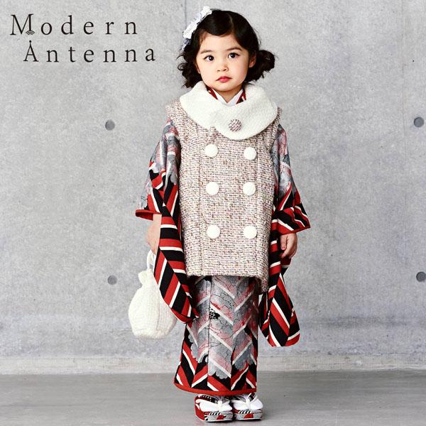 七五三 着物 3歳 ブランド被布セット Modern Antenna モダンアンテナ 「朱色×黒、牡丹　ピンク」 女の子 被布コート 6点フルセットに足袋と腰ひもと刺繍半衿プレゼント 着物セット 3才 女児用 三歳被布セット 【送料無料】 【メール便不可】