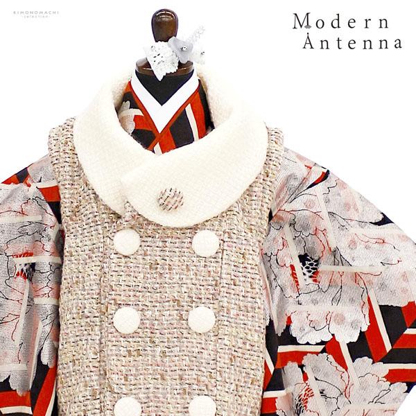 七五三 着物 3歳 ブランド被布セット Modern Antenna モダンアンテナ 「朱色×黒、牡丹　ピンク」 女の子 被布コート 6点フルセットに足袋と腰ひもと刺繍半衿プレゼント 着物セット 3才 女児用 三歳被布セット 【送料無料】 【メール便不可】