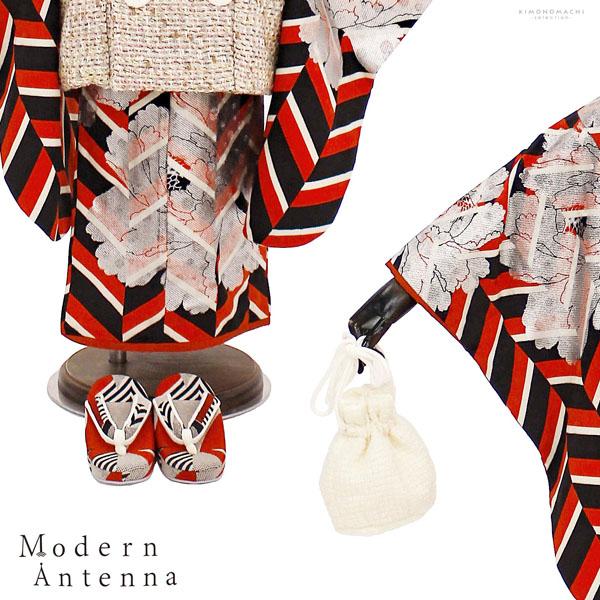 七五三 着物 3歳 ブランド被布セット Modern Antenna モダンアンテナ 「朱色×黒、牡丹　ピンク」 女の子 被布コート 6点フルセットに足袋と腰ひもと刺繍半衿プレゼント 着物セット 3才 女児用 三歳被布セット 【送料無料】 【メール便不可】