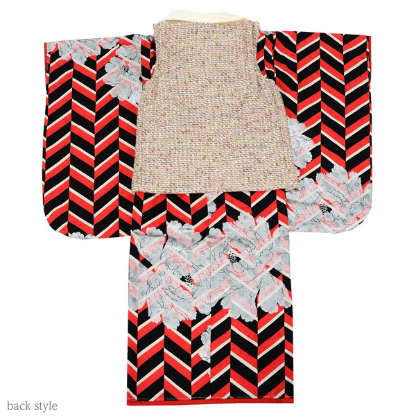 七五三 着物 3歳 ブランド被布セット Modern Antenna モダンアンテナ 「朱色×黒、牡丹　ピンク」 女の子 被布コート 6点フルセットに足袋と腰ひもと刺繍半衿プレゼント 着物セット 3才 女児用 三歳被布セット 【送料無料】 【メール便不可】