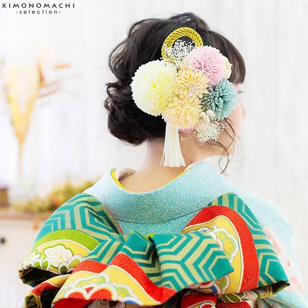 髪飾り 成人式 花髪飾り コーム Uピン 2点セット 「マムとタッセル レッド・パステルピンク No.53783」 振袖用髪飾り お花髪飾り つまみ細工 成人式 卒業式 結婚式 着物 日本製 【メール便不可】