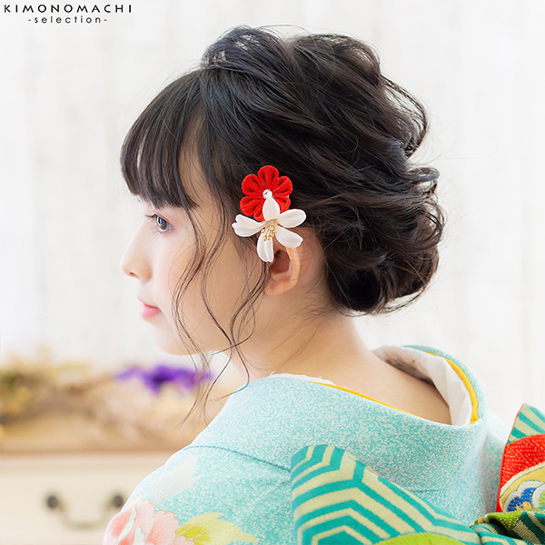 髪飾り 成人式 花髪飾り コーム Uピン 2点セット 「ローズとリリー　クラレット・ナイトブルー　No.55029」 振袖用髪飾り お花髪飾り つまみ細工 成人式 卒業式 結婚式 着物 日本製 【メール便不可】