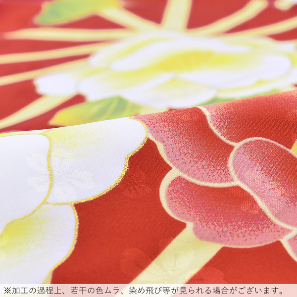 袷着物 単品 「赤×黄麻の葉　赤白椿」フリーサイズ 着物 小紋 洗える着物 お仕立て上がり 普段着きもの カジュアル着物 レディース ポリエステル 【メール便不可】