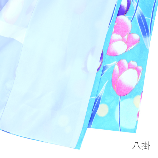 袷着物 単品 「水色　ピンク×紫のチューリップ」フリーサイズ 着物 小紋 洗える着物 お仕立て上がり 普段着きもの カジュアル着物 レディース ポリエステル 【メール便不可】