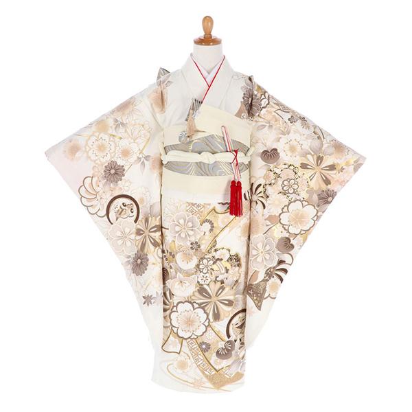 七五三 着物 7歳向け 箱迫セット 「グレー流水×クリーム」 7歳向け 子供着物 女の子の着物 筥迫 草履 バッグ ビラカン 帯締め 末広 【送料無料】 【メール便不可】