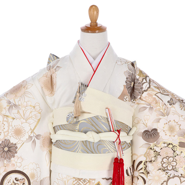 七五三 着物 7歳向け 箱迫セット 「グレー流水×クリーム」 7歳向け 子供着物 女の子の着物 筥迫 草履 バッグ ビラカン 帯締め 末広 【送料無料】 【メール便不可】