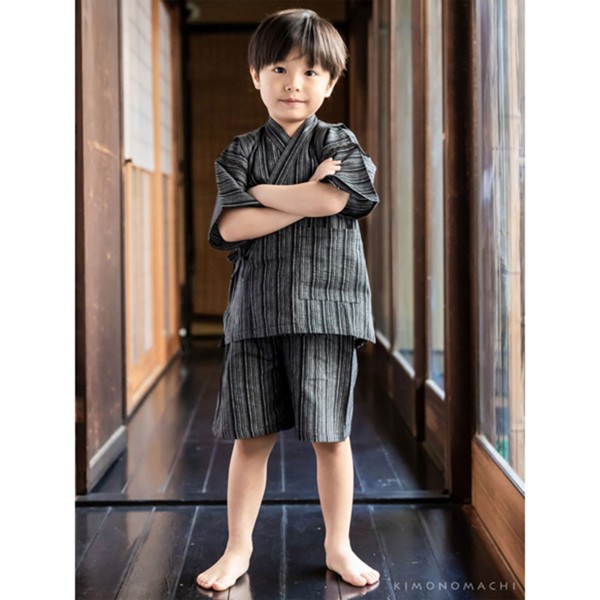 男の子甚平「黒白縞」 子供甚平 90cm 100cm 110cm 120cm 130cm 140cm お子様甚平 男児甚平 子供用甚平 京都きもの町オリジナル KIMONOMACHI 【メール便不可】