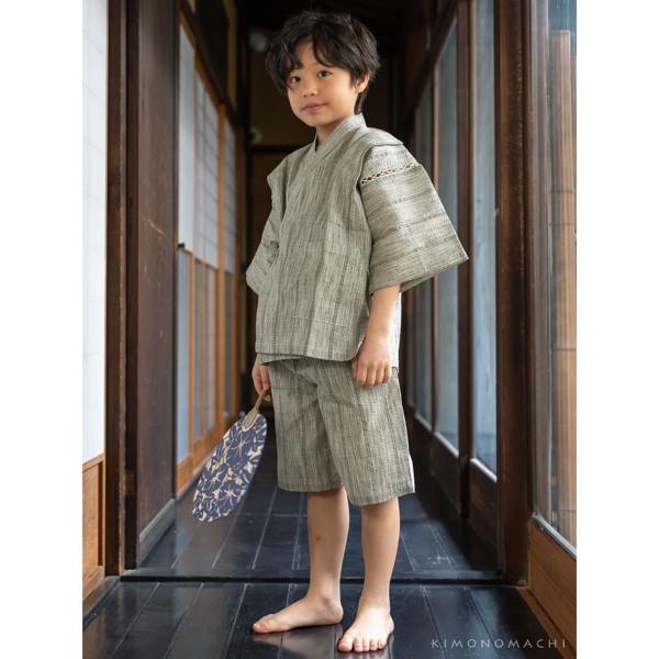 男の子甚平「生成りグレー縞」 子供甚平 90cm 100cm 110cm 120cm 130cm 140cm お子様甚平 男児甚平 子供用甚平 京都きもの町オリジナル KIMONOMACHI 【メール便不可】