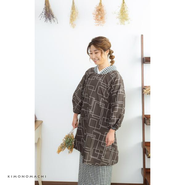 ロング丈 割烹着 「チャコールグレー　スクエア」 日本製 オシャレ かわいい 綿割烹着 ロング割烹着 着物割烹着 エプロン 母の日 敬老の日 誕生日 プレゼント最適品 【送料無料】【メール便不可】