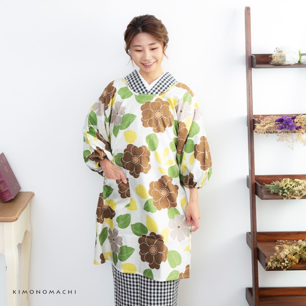 ロング丈 割烹着 「ブラウンフラワー」 日本製 オシャレ かわいい 綿割烹着 ロング割烹着 着物割烹着 エプロン 母の日 敬老の日 誕生日 プレゼント最適品 【送料無料】【メール便不可】