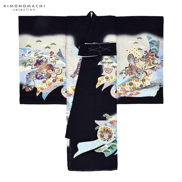 男の子のお宮参り産着 祝い着 「黒地　龍に兜、鐙」 熨斗目 のしめ 一つ身 一ツ身 初着 お初着 御祝着 着物 七五三 お宮詣り 祈願 お祈り 子供 キッズ 赤ちゃん ベビー 男児 正絹 日本製 【メール便不可】