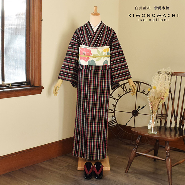 伊勢木綿 洗える着物 単品 「やたら格子  黒地、白×黄×赤紫（夜遊）」 お仕立て上がり 木綿きもの 日本製 三重県 伝統工芸品 単衣 綿 カジュアル チェック 小紋 レディース キモノ kimono 【メール便不可】