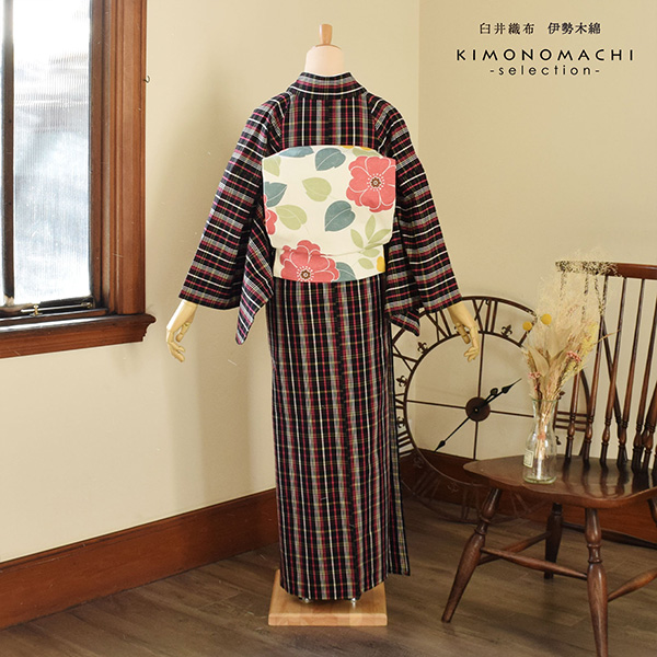 伊勢木綿 洗える着物 単品 「やたら格子  黒地、白×黄×赤紫（夜遊）」 お仕立て上がり 木綿きもの 日本製 三重県 伝統工芸品 単衣 綿 カジュアル チェック 小紋 レディース キモノ kimono 【メール便不可】
