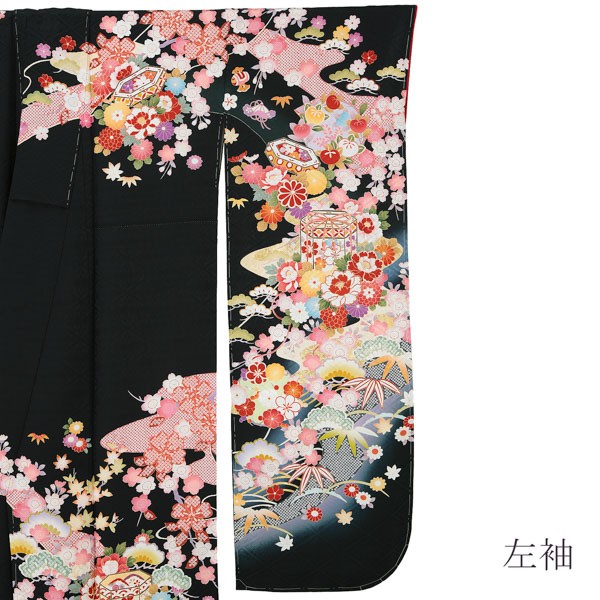 【新古品】お仕立て上がり 振袖単品 「黒地　枝垂桜に貝桶、草花」 振袖 振り袖 成人式 結婚式 結納 パーティー 【メール便不可】