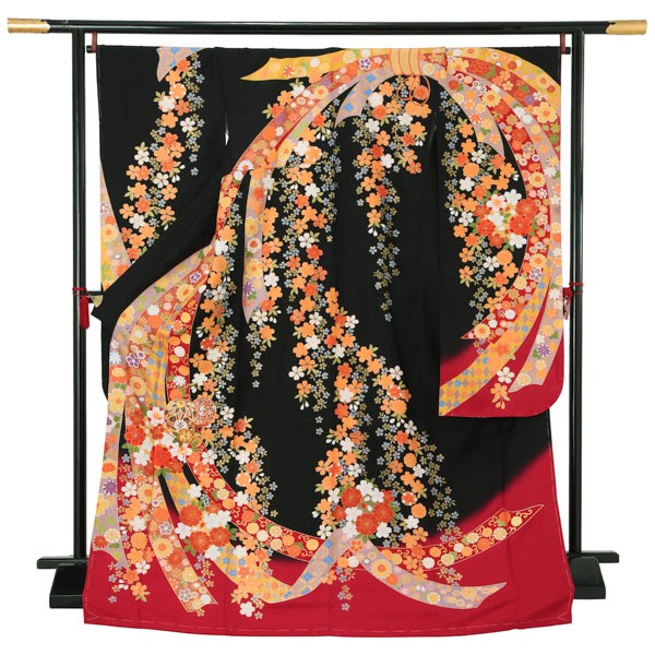 【新古品】お仕立て上がり 振袖単品 「黒×赤 束ね熨斗に桜、手毬」 トールサイズ 振袖 振り袖 成人式 結婚式 結納 パーティー 【メール便不可】
