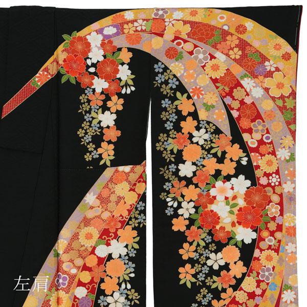 【新古品】お仕立て上がり 振袖単品 「黒×赤 束ね熨斗に桜、手毬」 トールサイズ 振袖 振り袖 成人式 結婚式 結納 パーティー 【メール便不可】