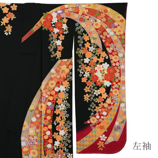 【新古品】お仕立て上がり 振袖単品 「黒×赤 束ね熨斗に桜、手毬」 トールサイズ 振袖 振り袖 成人式 結婚式 結納 パーティー 【メール便不可】
