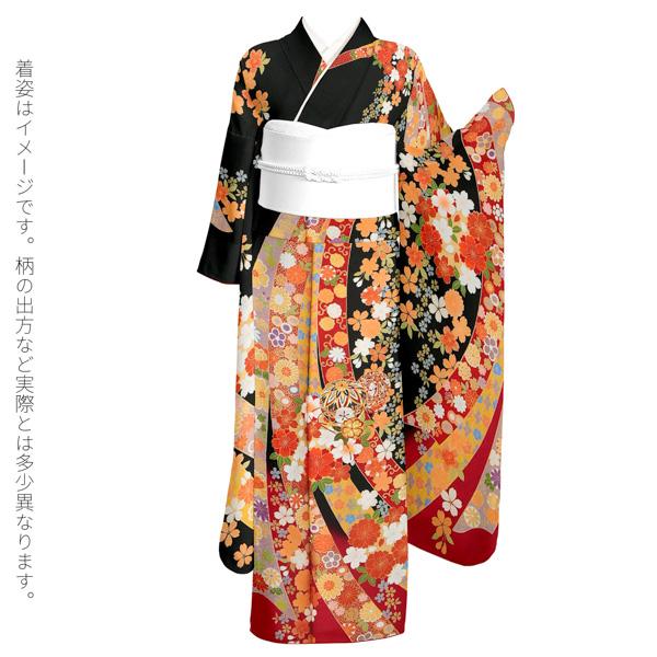 【新古品】お仕立て上がり 振袖単品 「黒×赤 束ね熨斗に桜、手毬」 トールサイズ 振袖 振り袖 成人式 結婚式 結納 パーティー 【メール便不可】