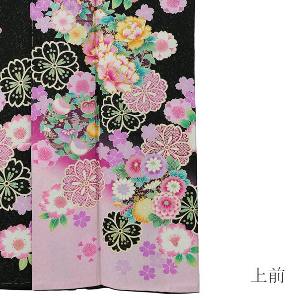 【新古品】お仕立て上がり 振袖単品 「黒地　八重桜に花の丸」 振袖 振り袖成人式 結婚式 結納 パーティー 【メール便不可】