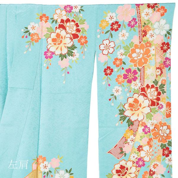 【新古品】お仕立て上がり 振袖単品 「水色　束ね熨斗に枝垂桜、牡丹」 振袖 振り袖 成人式 結婚式 結納 パーティー 【メール便不可】