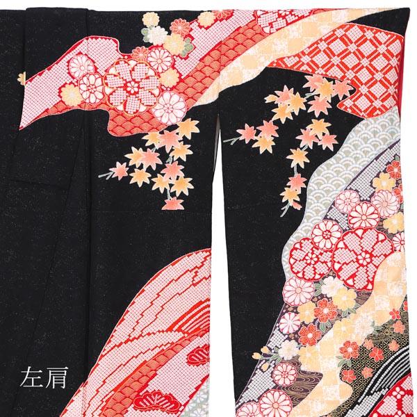 【新古品】お仕立て上がり 振袖単品 「黒地　雲取り、菊水に楓」 振り袖 着物 レディース 成人式 結婚式 結納 パーティー 晴れ着 【メール便不可】