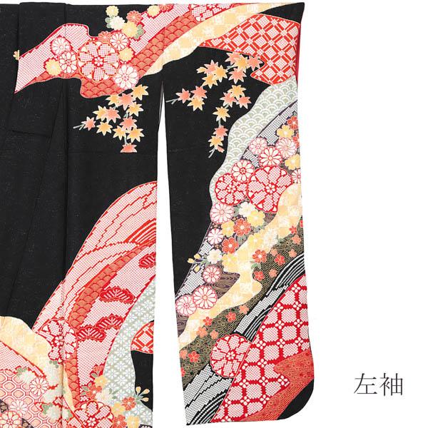【新古品】お仕立て上がり 振袖単品 「黒地　雲取り、菊水に楓」 振り袖 着物 レディース 成人式 結婚式 結納 パーティー 晴れ着 【メール便不可】