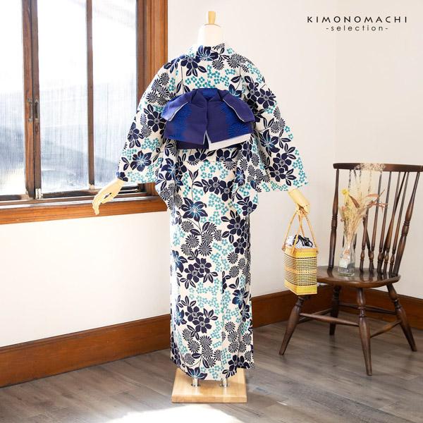 浴衣 レディース 単品 お仕立て上がり浴衣 プレタ 「生成り色×紺　草花」 先染め 和布流 Fサイズ シック 大人 モダン 粋 古典 ゆかた 女性 ブランド ブランド浴衣 花火大会 夏祭り 【メール便不可】