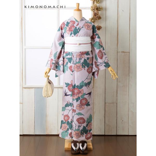 浴衣 セット レディース 吸水速乾 CoolPass ポリエステル浴衣 浴衣と帯の2点セット 「浴衣 朝顔に燕 浅紫＋兵児帯 ホワイト」 Fサイズ LLサイズ 大人 女性浴衣 兵児帯