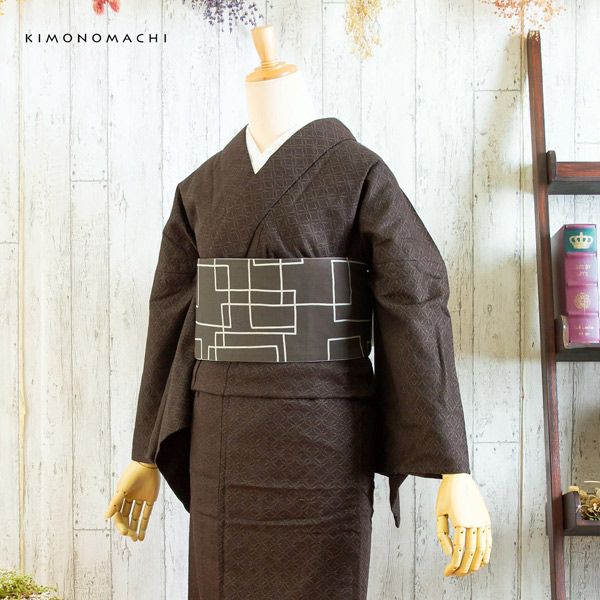 木綿半幅帯「チャコールグレー　スクエア」日本製 KIMONOMACHI オリジナル 木綿帯 半巾帯 コットン細帯 コットン帯 仕立て上がり帯 カジュアル 洒落帯＜H＞【メール便不可】