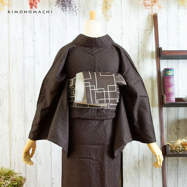 木綿半幅帯「チャコールグレー　スクエア」日本製 KIMONOMACHI オリジナル 木綿帯 半巾帯 コットン細帯 コットン帯 仕立て上がり帯 カジュアル 洒落帯＜H＞【メール便不可】