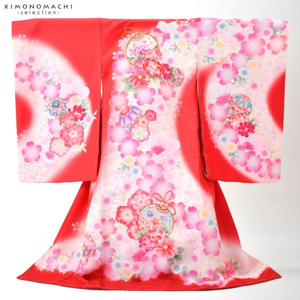 女の子のお宮参り産着 祝い着 「赤×ピンク　鈴に桜」 一つ身 一ツ身 初着 お初着 御祝着 着物 熨斗目 のしめ 七五三 お宮詣り 祈願 お祈り 子供 キッズ 赤ちゃん ベビー 日本製 【メール便不可】